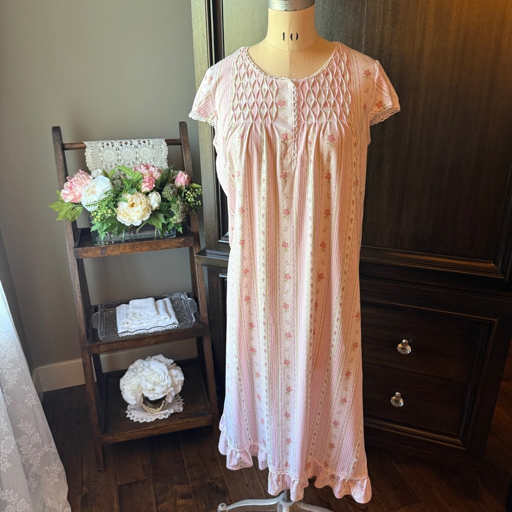 Charter Club Intimates Pink Floral Pima Cotton Smocked Nightgown Sleepwear Small
